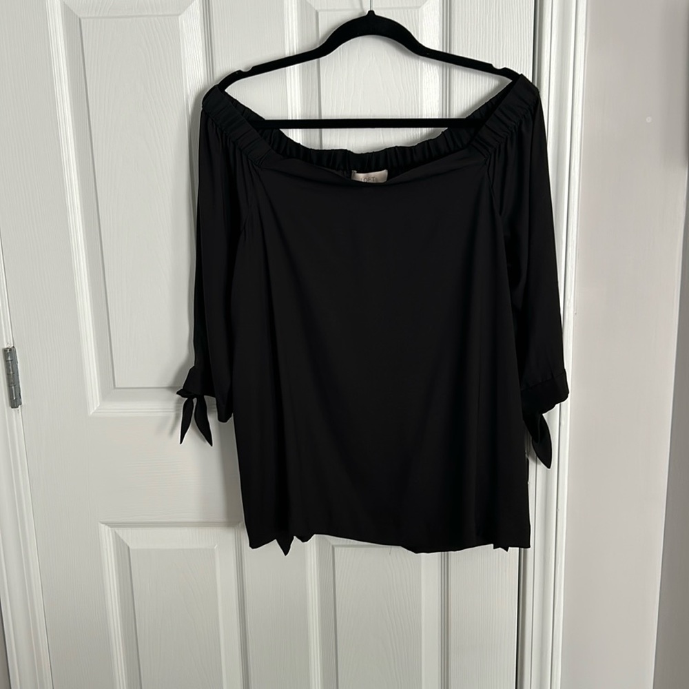 Loft off the shoulder sheer top 3/4 length sleeves with tie detail. Size L